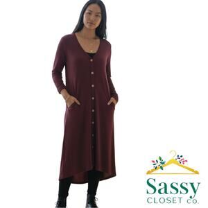 Burgundy Ribbed Long Button‑Front Cardigan L Patch Pockets NWOT